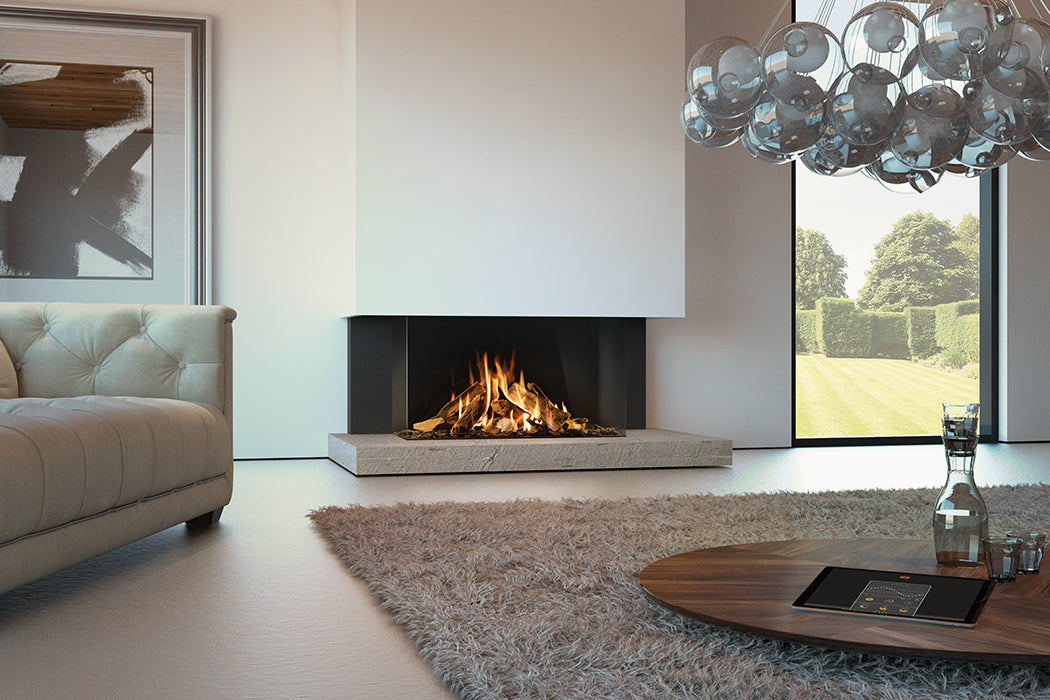 DRU Maestro 105/3 Eco Wave three-sided panoramic gas fire with brown log fire bed