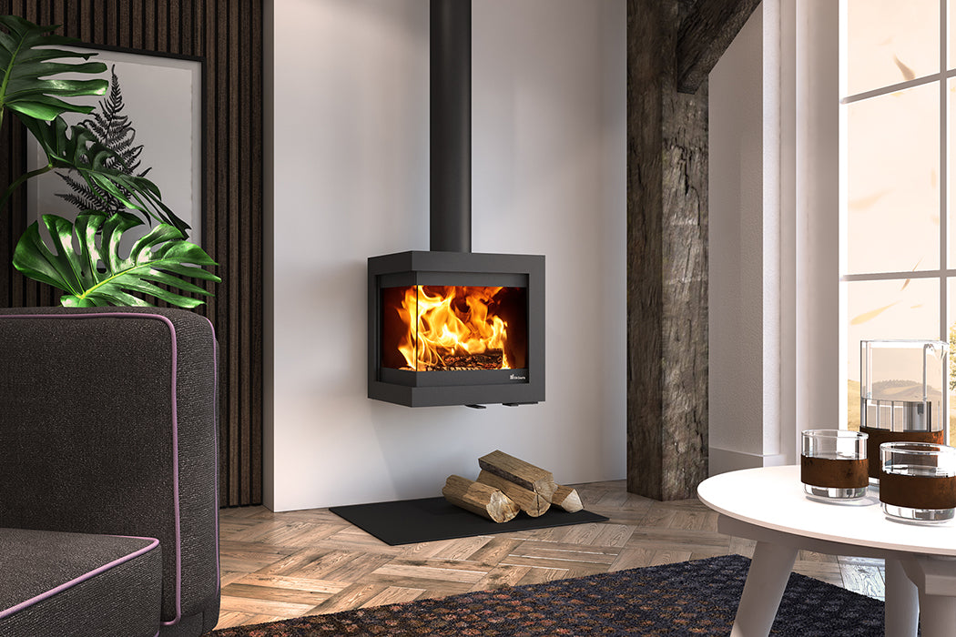 Dik Geurts Bora Corner Wall wood burning stove, lifestyle