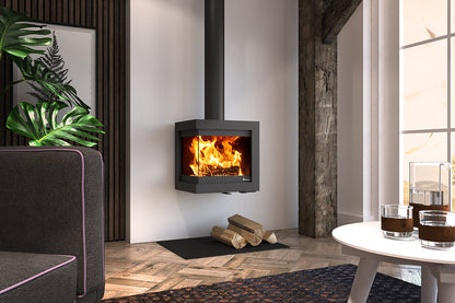 Dik Geurts Bora Corner Wall wood burning stove, lifestyle