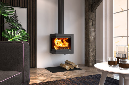 Dik Geurts Bora Corner Wall wood burning stove, lifestyle