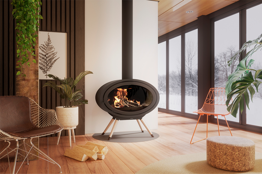 Dik Geurts Oval Front wood burning stove on legs, lifestyle shot