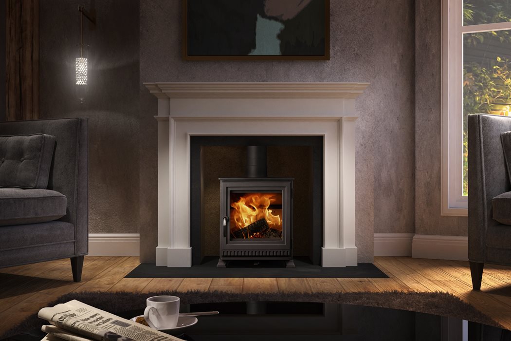 Dik Geurts Aste 5 wood burning stove installed in contemporary living room - lifestyle