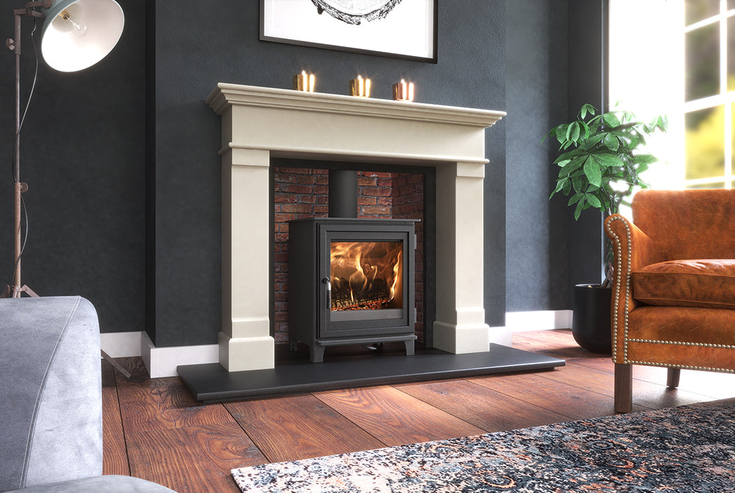 Dik Geurts Soren 5 wood burning stove installed in contemporary living room - lifestyle